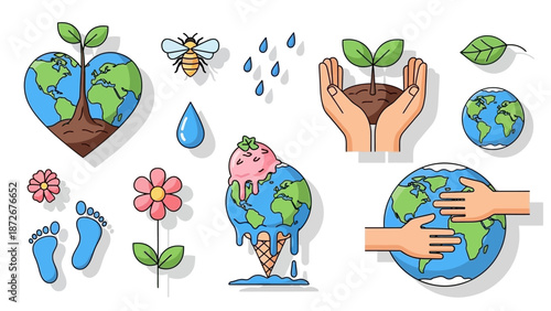 A collection of illustrations depicting environmental themes, including a heart-shaped Earth with a plant, a melting Earth ice cream cone, and hands holding a seedling.