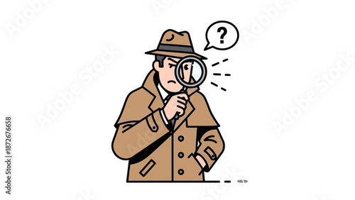 Investigation Action by a Detective Using a Magnifying Glass in a Cartoon Style Illustration