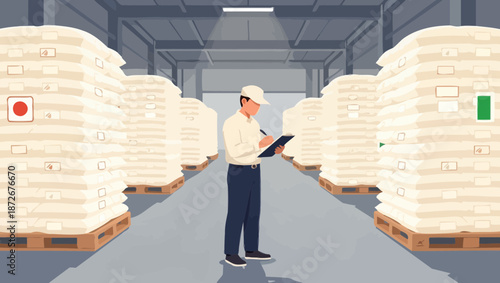 Warehouse worker in a cap and uniform inspecting large stacks of bagged goods on pallets.