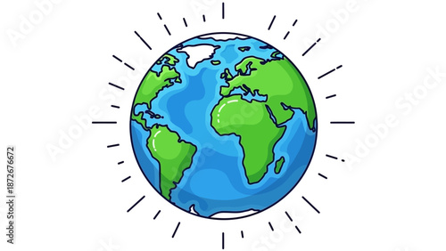 A vibrant, cartoon-style illustration of planet Earth, showcasing continents and oceans with radiating lines suggesting energy or light.