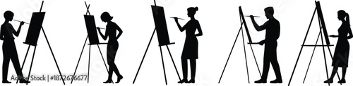 Artists painting silhouettes set, people drawing on easels, creative studio activity, art class concept, black vector illustration.