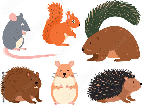 Collection of cute forest animals and rodents with squirrel, hedgehog, beaver, and mouse isolated on white background.