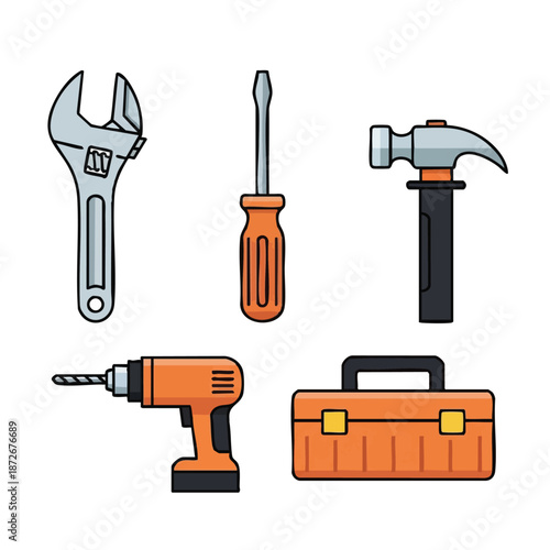 Toolbox and Tools Set for DIY and Construction.