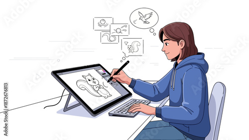 Digital Artist Creating Cartoon Squirrel Illustration on a Graphic Tablet in a Modern Workspace
