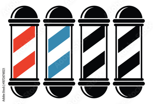 Vintage Barber Shop Poles Vector Illustration, red, blue, and black striped traditional barber signs, retro hair salon and grooming shop graphic design.