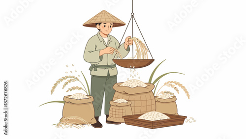 Farmer winnowing rice grains with traditional basket.