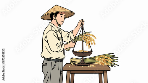 Farmer weighing harvested wheat on a scale.