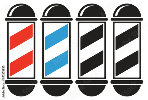 Vintage Barber Shop Poles Vector Illustration, red, blue, and black striped traditional barber signs, retro hair salon and grooming shop graphic design.
