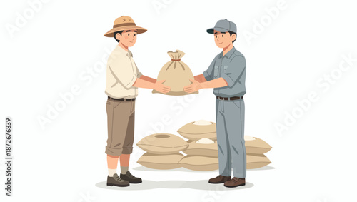 Farmer and worker exchanging a sack of produce, with more sacks stacked behind them.