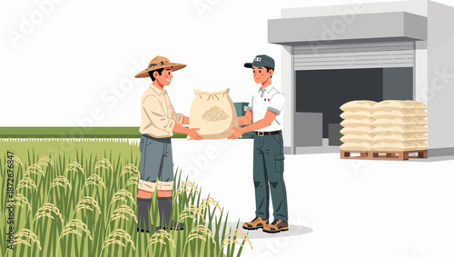 A farmer in a straw hat hands a sack of grain to a man in a cap outside a warehouse with stacked sacks.