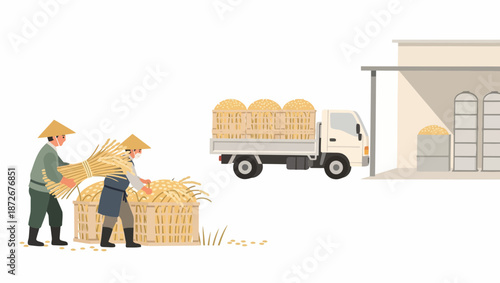 Farmers harvesting and transporting crops to a storage facility with a truck.