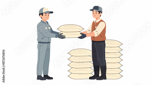 Two men in work attire are transferring a sack of grain, with more sacks stacked nearby.