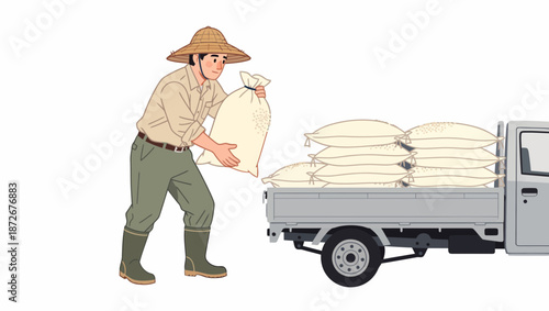 A farmer wearing a straw hat and boots loads sacks of grain onto a small truck.