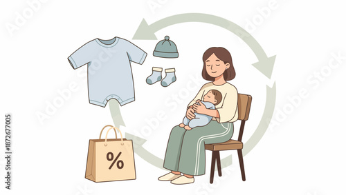 Mother and baby with a cycle of baby clothes and shopping, representing sustainable consumption or a baby product lifecycle.