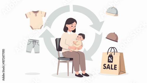 Mother holding a baby surrounded by baby clothes, hats, and a shopping bag with a sale tag, illustrating a cycle of consumption and parenting.