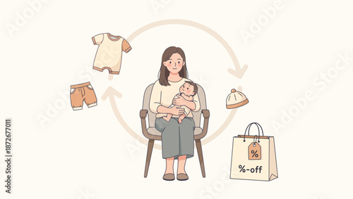 Mother holding baby surrounded by baby clothes and shopping bag with discount, illustrating a cycle of baby product consumption.