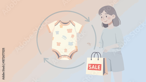 Woman selling baby clothes online with a sale shopping bag.