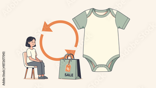Woman sitting with shopping bag and baby clothes on sale.