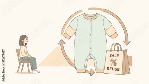 A person sits on a chair observing a baby outfit being recycled and reused, symbolizing sustainable fashion practices.