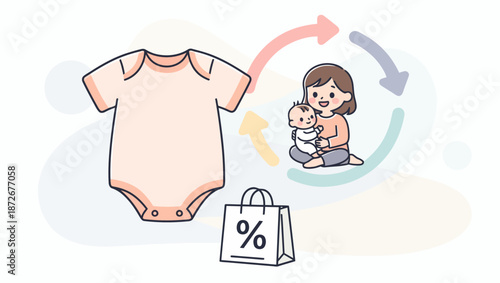 Mother and baby with a onesie and shopping bag, illustrating a cycle of baby clothing purchase and reuse.