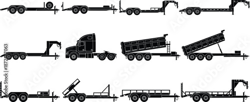 Silhouettes of diverse trailers and trucks including flatbed, dump, utility, and gooseneck designs isolated on white background for transport