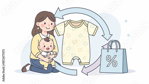 A mother and baby are shown with a baby outfit and a shopping bag with a percentage sign, illustrating a cycle of purchasing baby clothes.
