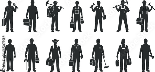 Silhouettes of diverse workers holding tools representing construction, mining, painting, cleaning, and technical professions isolated on white background