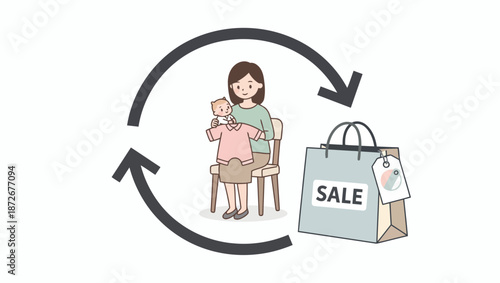 Woman holding baby clothes, with a shopping bag and circular arrows representing a cycle of buying, selling, or reuse.