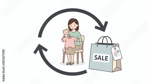 A woman selling or exchanging children's clothes and toys for new items in a circular economy concept.