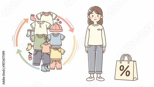 Woman considering clothing options with discount shopping bag nearby.