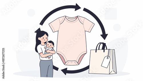 Mother holding baby with baby clothes and shopping bag.