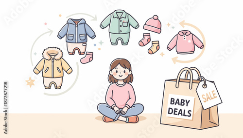 A young woman sits cross-legged surrounded by baby clothes, a shopping bag labeled 'Baby Deals' and 'Sale' nearby, suggesting a focus on baby fashion and shopping.