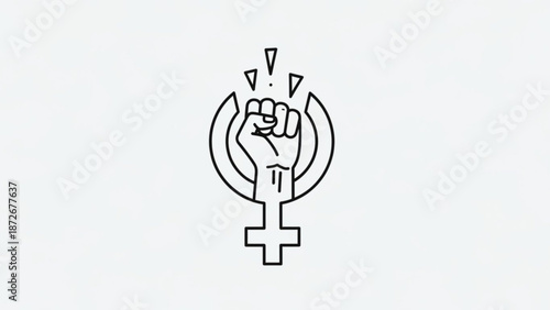 A black line drawing of a clenched fist with exclamation marks rising from it surrounded by a female symbol on a white background representing female empowerment