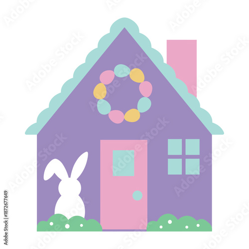 A charming illustration of a pastel colored house with a wreath and a bunny nearby