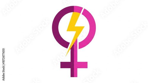 Vibrant pink female symbol with yellow lightning bolt graphic element for empowerment and feminism with feminist and equality and social justice