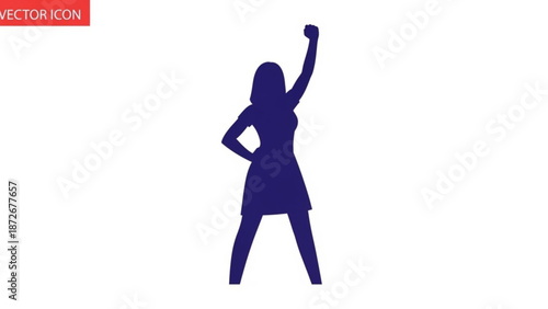 A confident woman in a short dress with one hand on her hip and the other raised in a triumphant gesture against a white background with silhouette