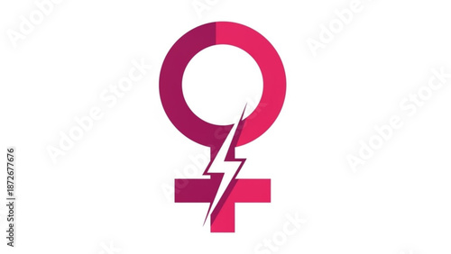 Feminist symbol with lightning bolt striking through it on white background representing female empowerment and strength with feminism and equality