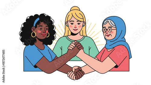 Three diverse women stacking hands in solidarity and friendship with a white background with unity and empowerment and inclusion and diversity
