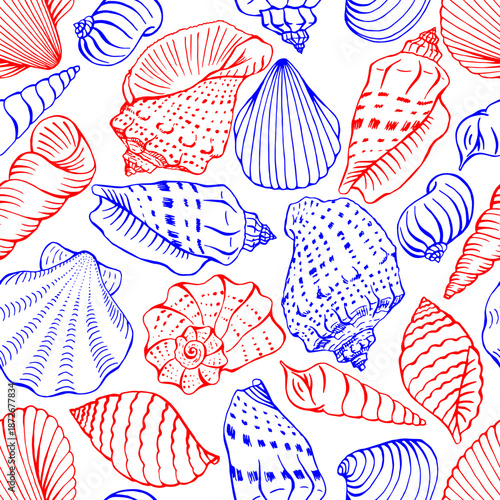 Seamless pattern with seashells. Hand drawn vector illustration.