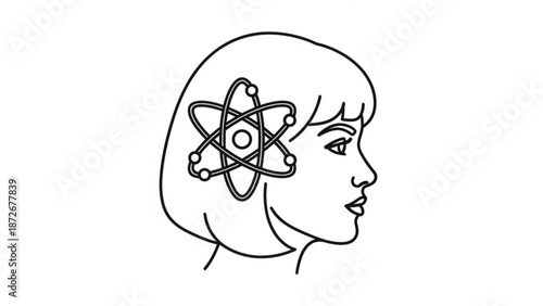 A woman's head with an atom symbol inside her brain representing science and knowledge with education and learning and innovation and intelligence