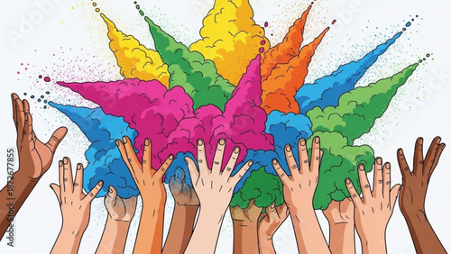 Diverse hands reaching up to colorful smoke clouds on white background for concepts of unity and celebration with diversity and inclusion and vibrant