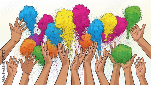 Multiple hands throwing colorful powder in the air celebrating holi festival with celebration and vibrant colors and festive atmosphere and joyful moment