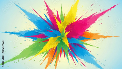 Vibrant multicolored paint splatter explosion on light blue background with dynamic colorful brush strokes with creative and artistic and abstract
