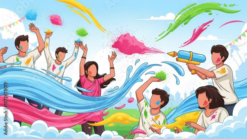 A vibrant illustration of young adults celebrating holi with colorful powders and water on a sunny day with clouds with colorful celebration