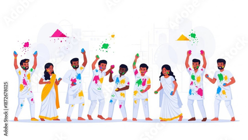 People celebrating holi festival with colorful powder and joyful expressions in traditional indian clothing on white background with celebration