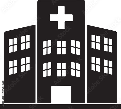 Black hospital building icon with white cross symbol and windows medical healthcare