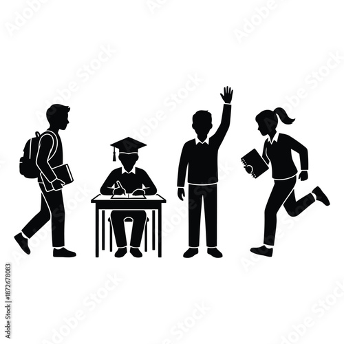 Students in silhouette studying graduating participating and rushing a visual representation of academic life