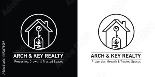 Arch and Key Realty Logo with House Silhouette and Growing Sprout Concept