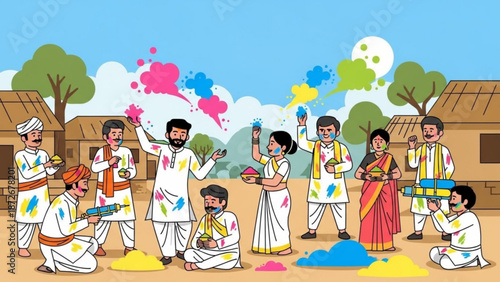 People celebrating holi festival with colorful powders and water guns in a village setting with traditional indian clothing with celebration