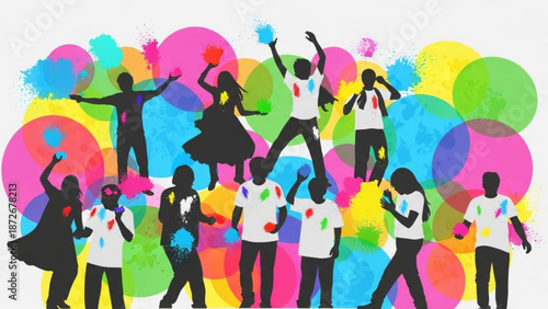 Group of people silhouettes throwing colorful paint splashes in celebration with party and festive and joyful and vibrant and abstract and fun